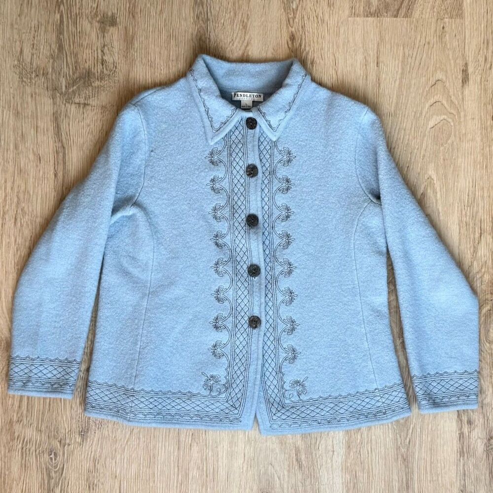 Pendleton Petite Light Blue Knit Cardigan Sweater Floral Trim Size L